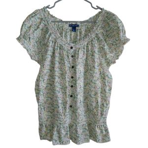 Bandolinoblu Women's Boho Vintage Cotton Puffed Sleeve Pale Floral Blouse Sz L